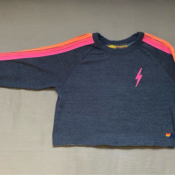 Aviator Nation - Bolt Cropped Crew Sweatshirt - Heather Navy // Neon Stripes - Picture 4 of 7